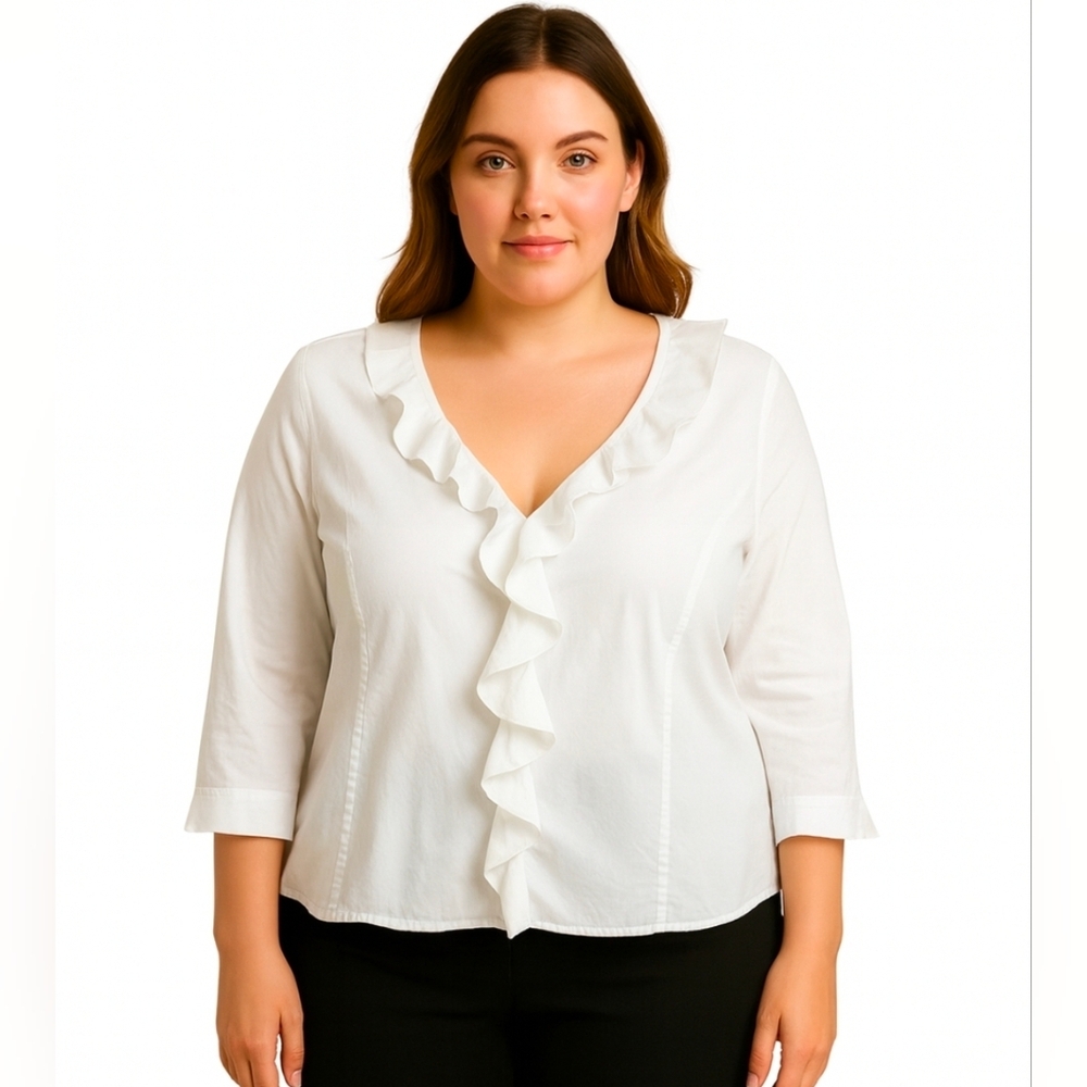 Denim 24/7 White Ruffled Blouse Plus Size 18W